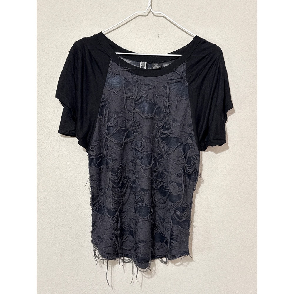 BKE Distressed Gray/Black Women's Short Sleeve Shirt‎ Small Western Grunge Sheer